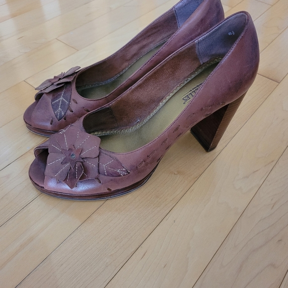 Open Toe Heels Dark Brown Leather with Chunky block heel size 8.5 - Picture 2 of 11